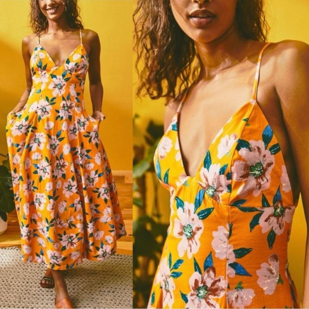 Free People Finer Things Printed Halter Midi Dress Sunshine Combo Tropical Small - Picture 2 of 16